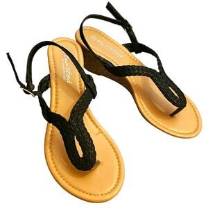 Twisted Tan & Black Womens Sz 9 Braided Thong Sandals Slingback Wedge Heels NWOT